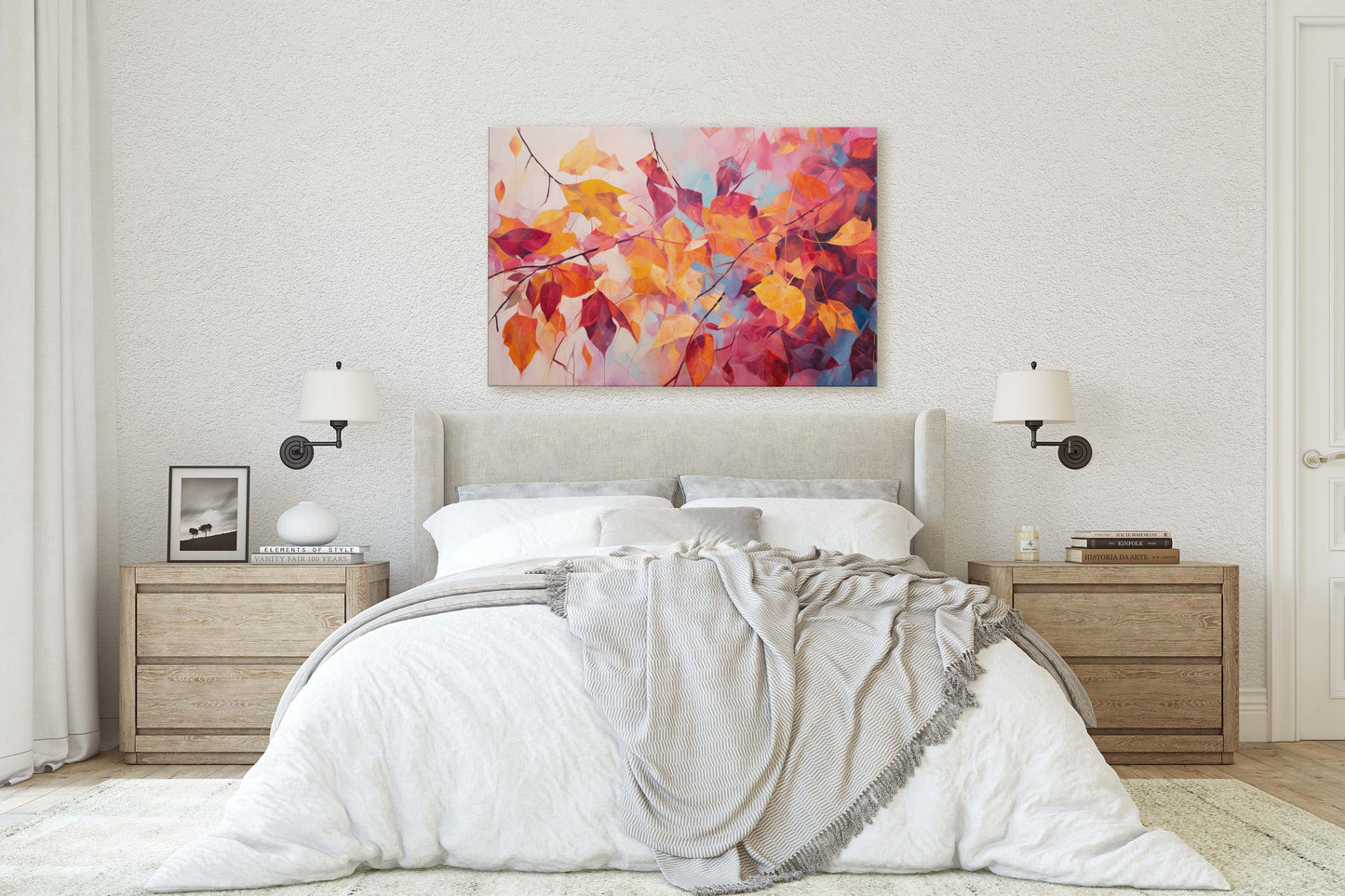 Abstract Leaf Print, Fall Leaves, Autumn,Red Orange Canvas, Fine Art, Modern Artwork, Contemporary Print, Framed Canvas