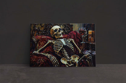 To Death, Skeleton Wine, Lounging Skeleton, Creepy Art, Gothic Halloween, Dark Academia, Dark Arts