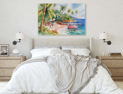 Beachside on Canvas, Ocean Beach, Watercolor, Hawaii Landscape, Tropical Water, Framed Canvas