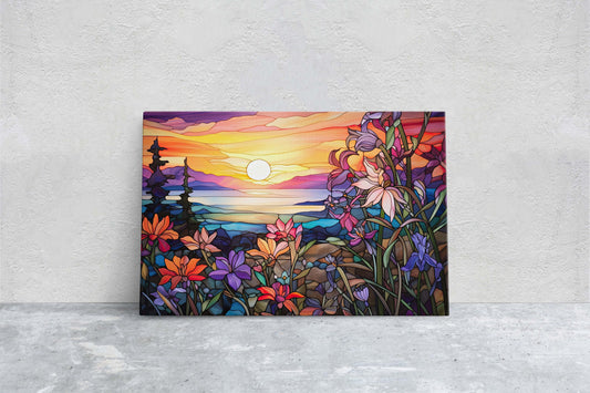 Stained Glass Painting, Faux Stained Glass, Sunset Flowers, Sunrise Field, Mountain Landscape, Framed Canvas, Vivid Colorful