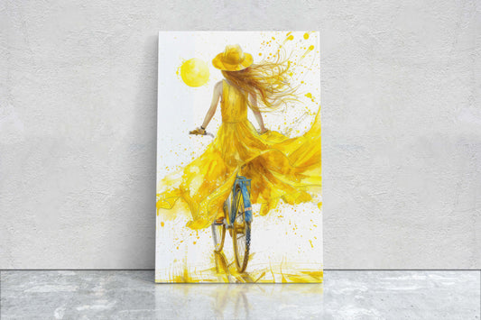 Woman On Bike, Yellow Sundress, Bike Ride Print, Framed Canvas, Illustration, Vintage Decor, Retro Art, Bicycle