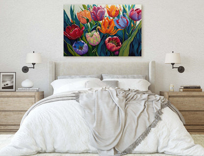 Tulip Field Fine Art Canvas Art Ready To Hang Large Print, Oil Painting, Colorful flower