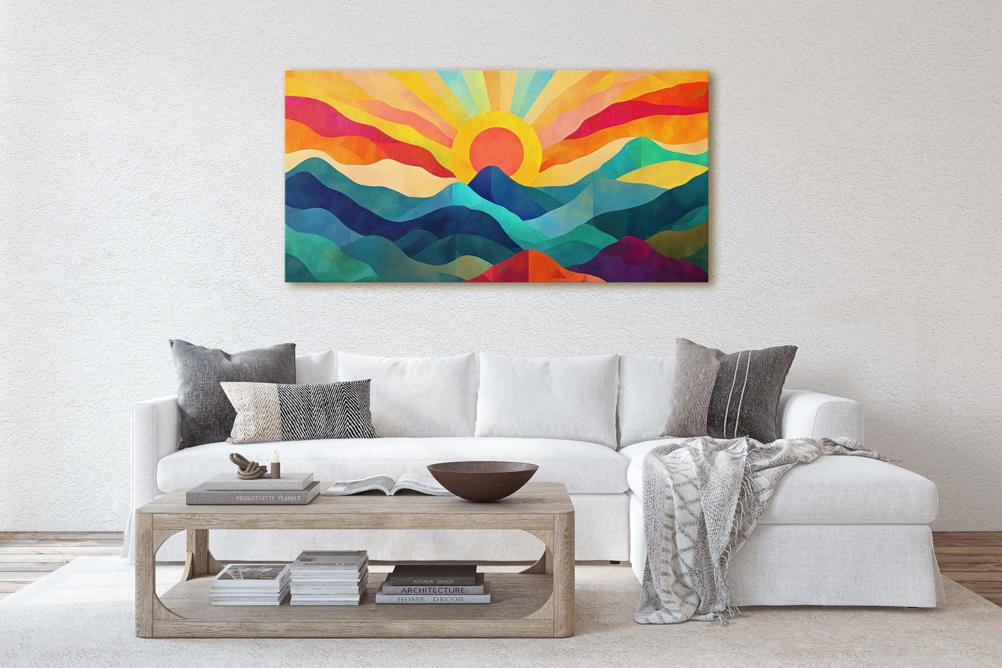 Sunshine Mountain, Canvas Print, Sunset Decor, Flat Art, Vibrant Color, Bold Art, Abstract, Mid Century Modern, Scandinavian Print