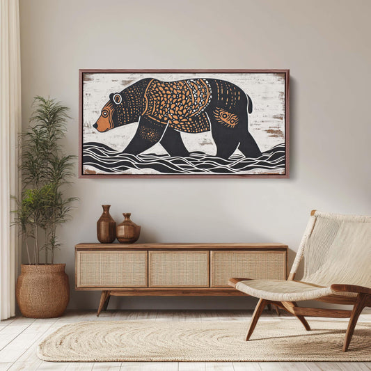 Bear Folk Art, Scandinavian Folk Art, Linocut Print, Wide Art, Large Art Print