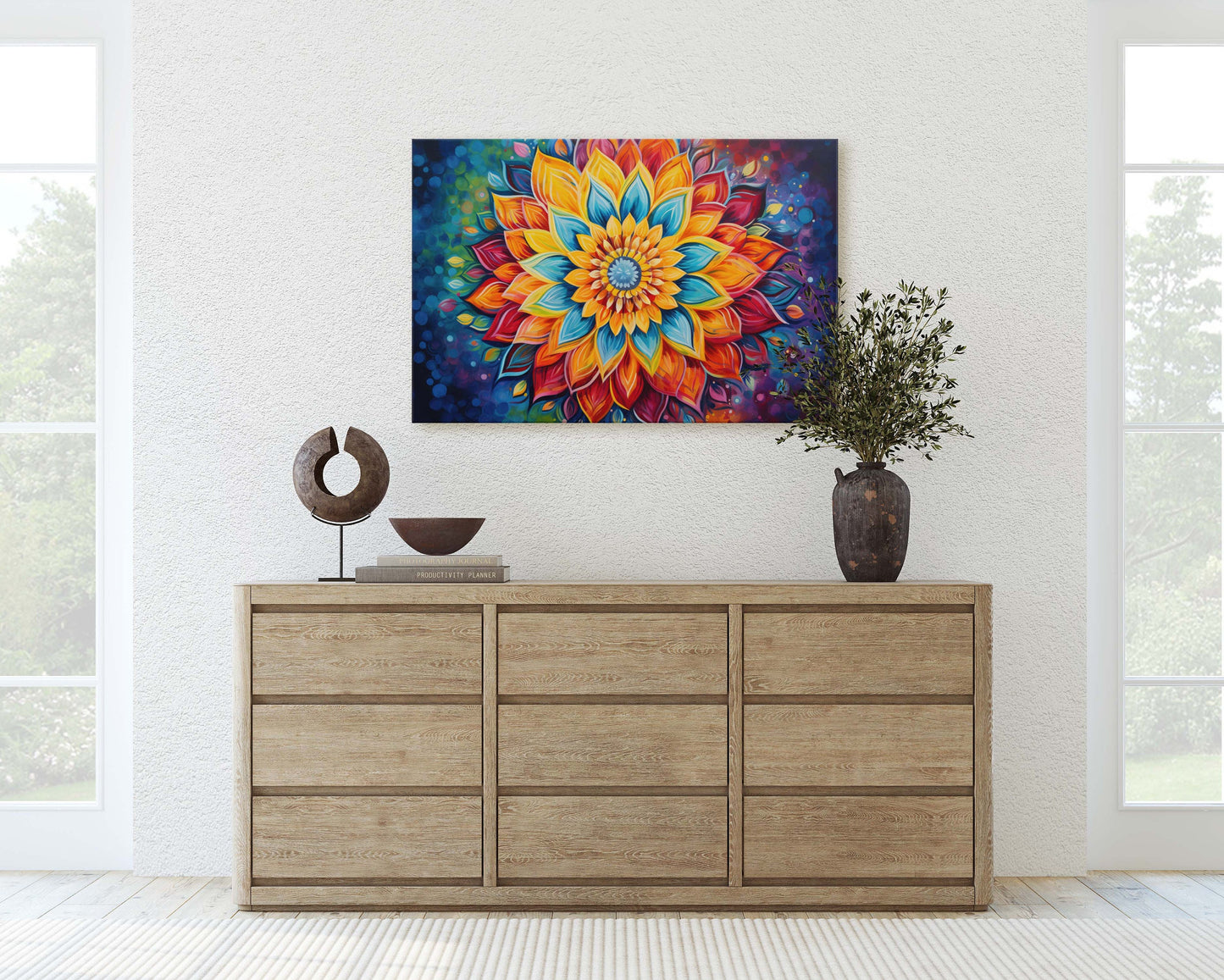 Mandala Flower, Indian Asian Decor, Geometric art, Sacred Geometry, Framed Canvas, Dorm Decor, College Art, Trippy, Psychedelic
