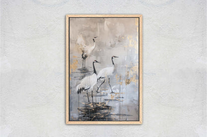Japanese Cranes, Gold & Beige, Minimalist Art, Heron Decor, Framed Canvas, Japandi Print, Extra Large, Neutral Tones