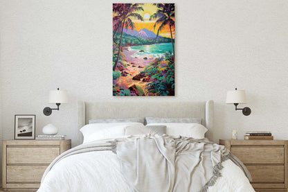 Vibrant Coast on Canvas, Ancient Beach, Framed Canvas, Prehistoric Landscape, Coastline Illustration, Bold Color, Vertical Botanical