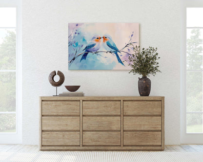 Love Birds, Bird Print, Pastel Colors, Blue Pink