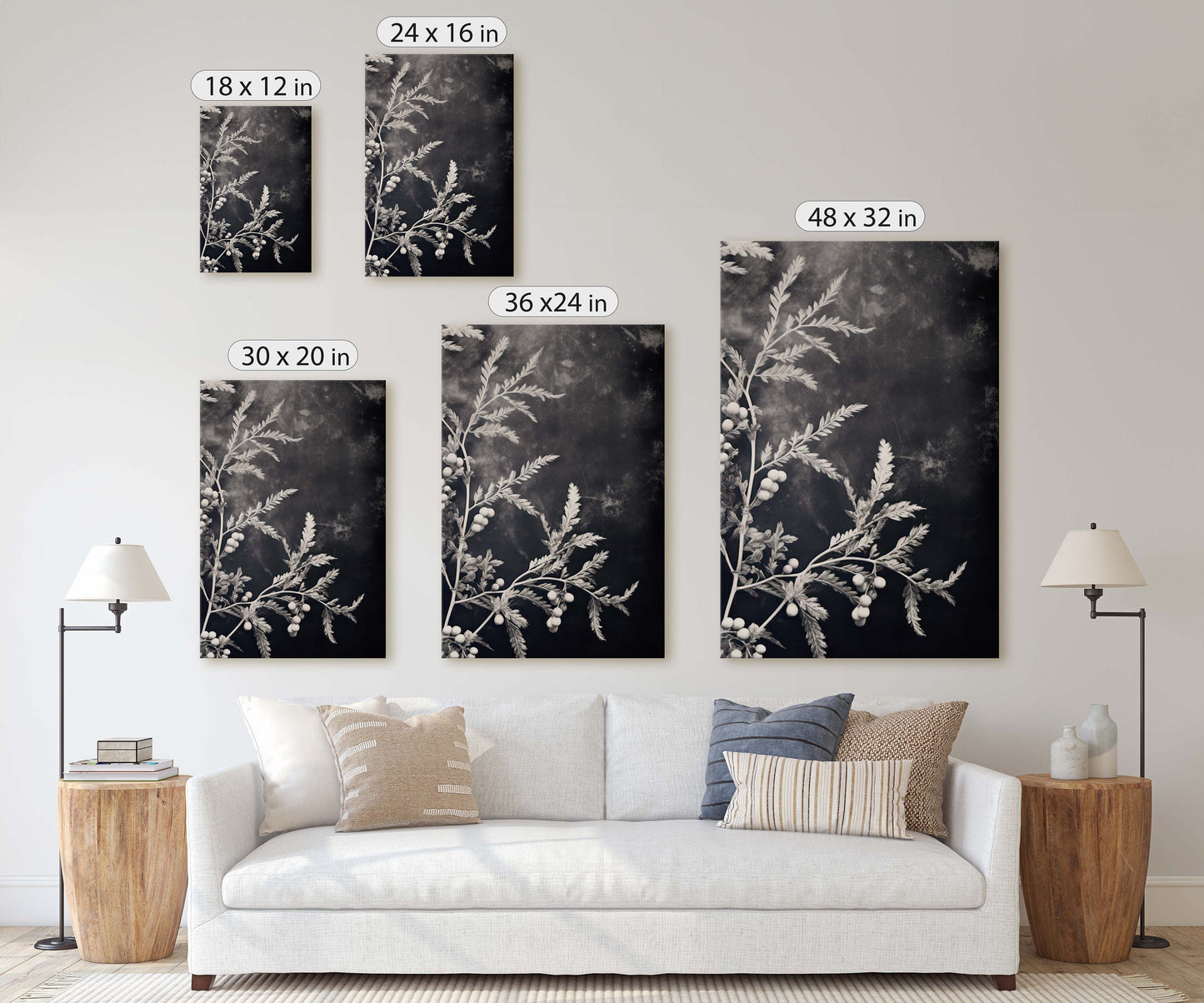Botanical Print, Black and White, Minimalist Painting, Farmhouse Decor, Floral Wall Art, Framed Canvas, Wildflower Art