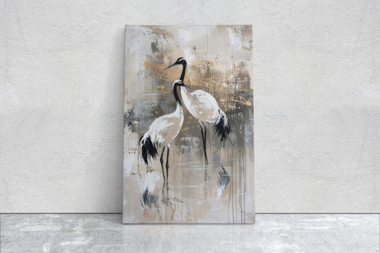 Japanese Gold Cranes, Gold and Beige, Minimalist Art, Heron Decor, Framed Canvas, Japandi Print, Extra Large, Neutral Tones