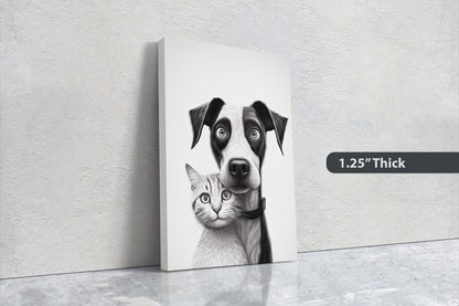 Black White Cat Dog, Loving Pets, Cute Animals, Minimalism, Animal Art, Kitten Decor, Puppy Art, Framed Canvas, Quirky Animal