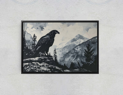 Black and White Eagle,  Hawk Painting, Cabin Decor, Mountain Home Art, Framed Canvas, Eagle Painting, Mountain Range, Nature Art