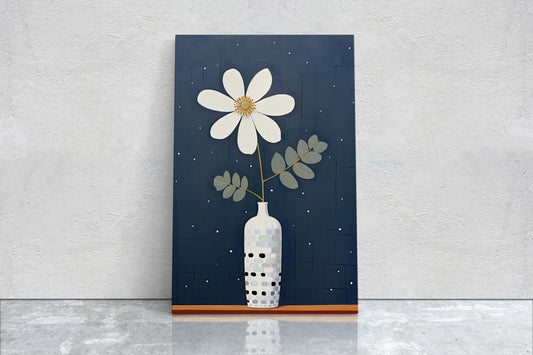 Flower Vase Painting, Contemporary Blue, White Floral Art, Framed Canvas, Large Art Print, Vertical Portrait, Indigo and White, Modern
