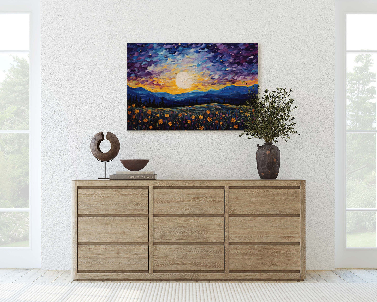 Flowers and Stars, Flower Field Painting, Blues Purples and orange, Moonlit Night, Sunset, Sunrise, Landscape Painting
