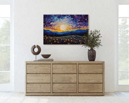 Flowers and Stars, Flower Field Painting, Blues Purples and orange, Moonlit Night, Sunset, Sunrise, Landscape Painting