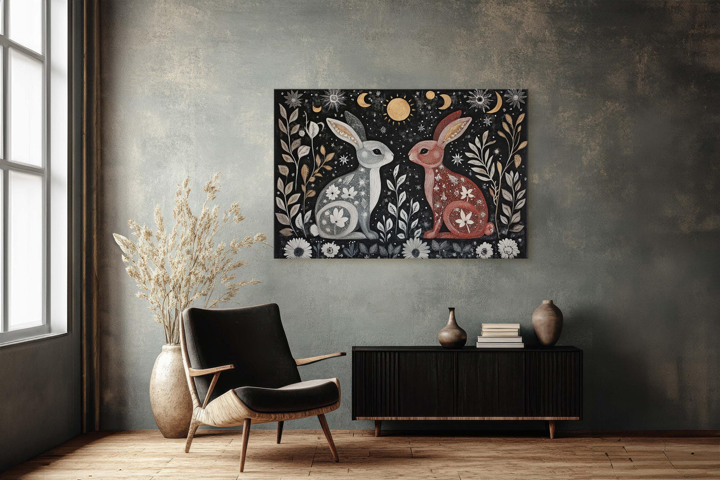 Rabbit Folk Art, Celestial Art, Bunny Art, Nature print, Canvas print