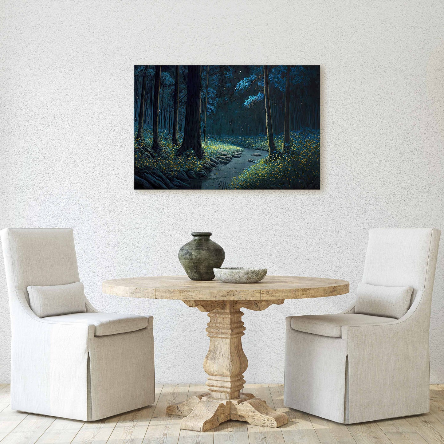 Mystical Forest at Night Fireflies Canvas Art Ready To Hang Large Print, Painting