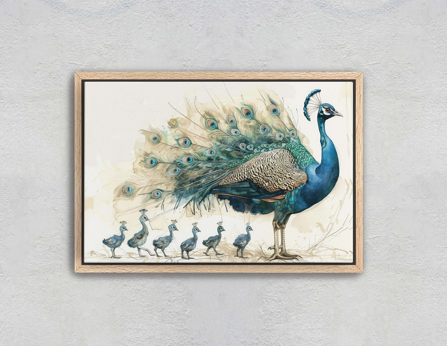 Peacock Family, Peacock Painting, Bird Family, Mom and Kids, Children Babies, Large Art Print, Framed Canvas, Dad Child