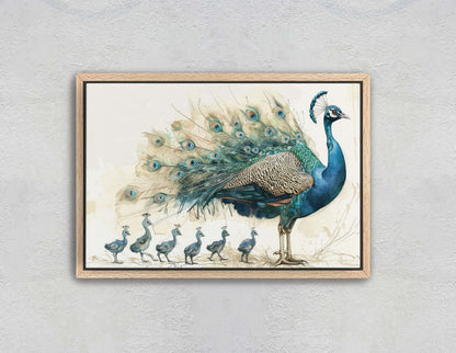 Peacock Family, Peacock Painting, Bird Family, Mom and Kids, Children Babies, Large Art Print, Framed Canvas, Dad Child