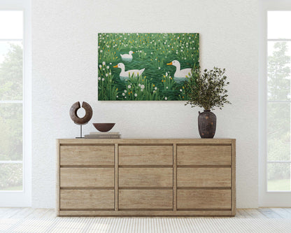 Ducks on Pond, Green Pond, Simple Minimal, Framed Canvas, Green and White, Emerald Green, Large Art Print, Mallard Duck, Lake, Marsh