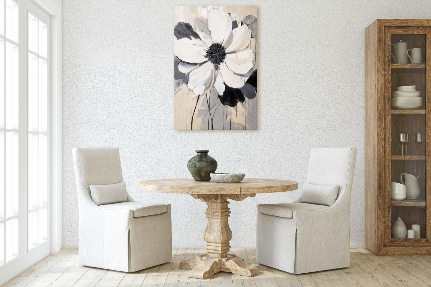 Modern Flower, Contemporary Art, Flower Painting, Black White Beige