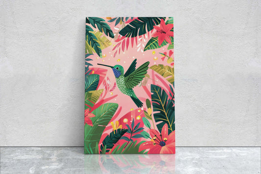 Hummingbird Illustration, Framed Canvas, Tropical Art, Maximalist Jungle, Botanical Print, Bold Eclectic, Pink Art