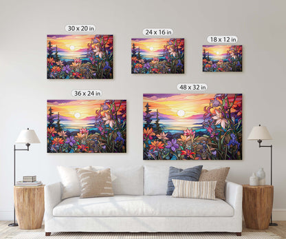 Stained Glass Painting, Faux Stained Glass, Sunset Flowers, Sunrise Field, Mountain Landscape, Framed Canvas, Vivid Colorful