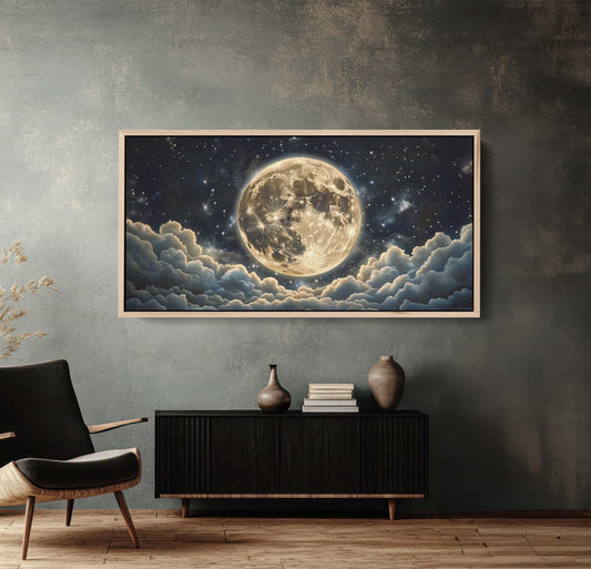 Cloudy Moon Sky, Moon Painting, Moon and Stars, Full Moon