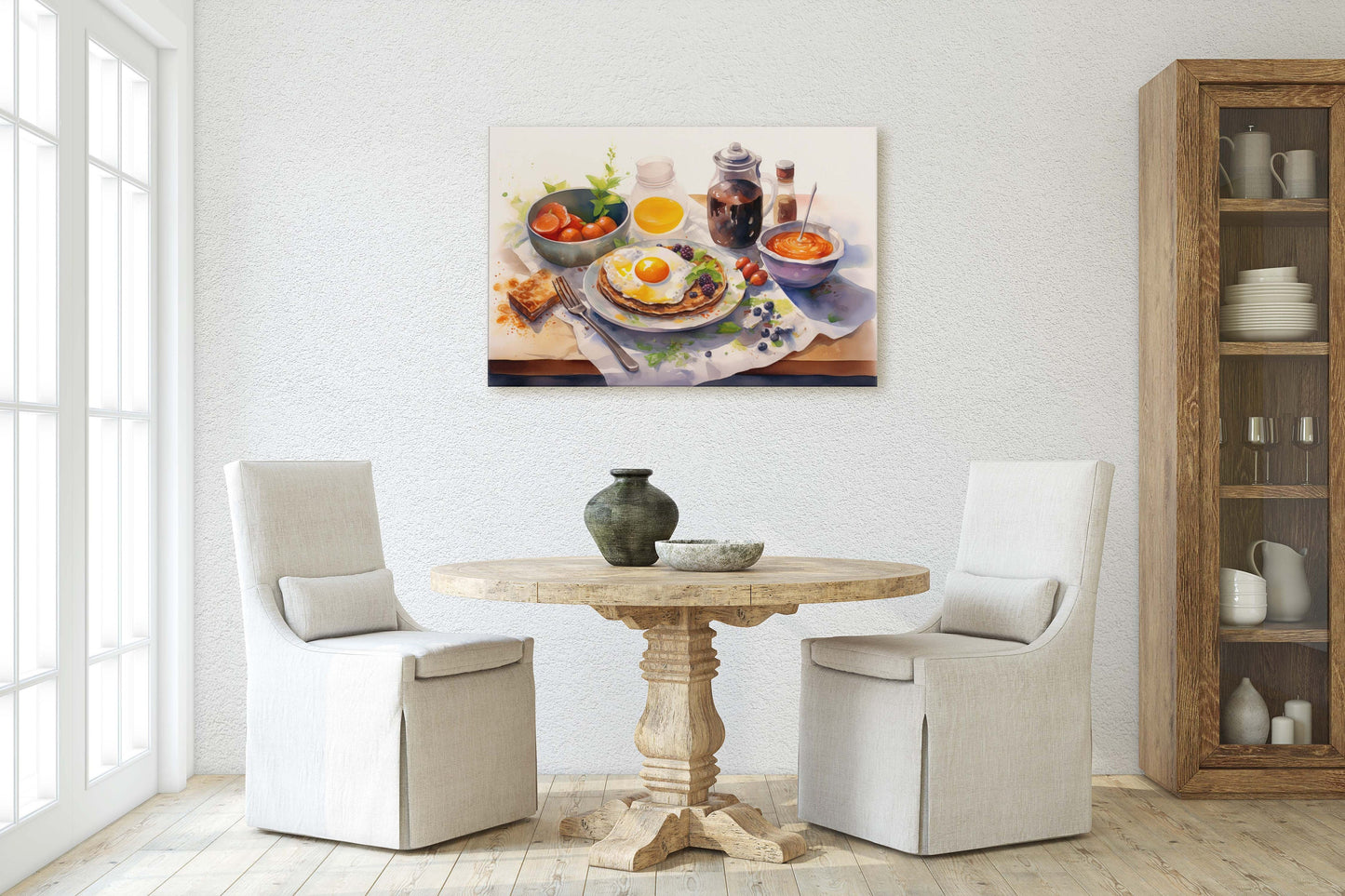 Breakfast Watercolor, Breakfast Painting, Food Art, Kitchen Art, Eggs Pancakes, Coffee, Framed Canvas, Colorful Food Art, Colorful Kitchen