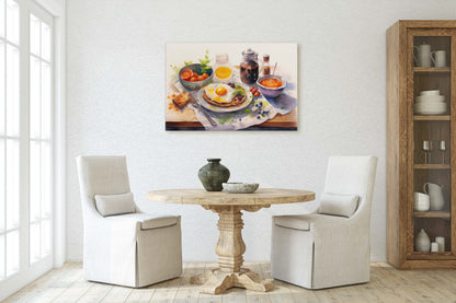 Breakfast Watercolor, Breakfast Painting, Food Art, Kitchen Art, Eggs Pancakes, Coffee, Framed Canvas, Colorful Food Art, Colorful Kitchen