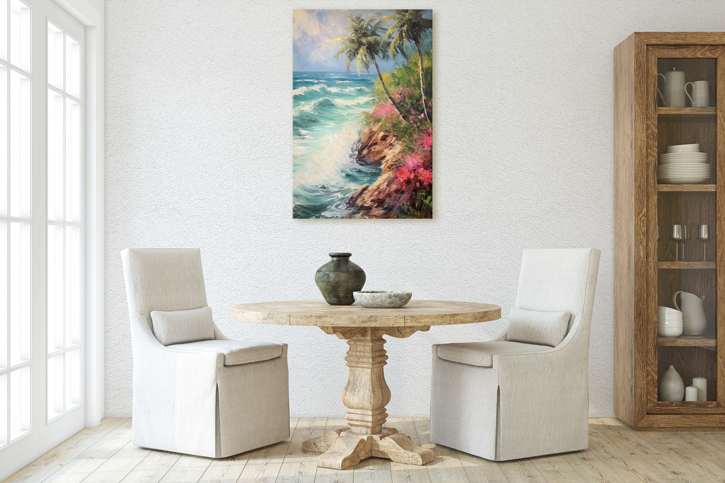 Stormy Beach on Canvas, Cliffside Waves, Flower Beach, Palm Trees, Tropical Vacation, Framed Canvas, Nature Decor, Portrait Canvas