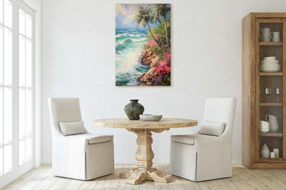 Stormy Beach on Canvas, Cliffside Waves, Flower Beach, Palm Trees, Tropical Vacation, Framed Canvas, Nature Decor, Portrait Canvas