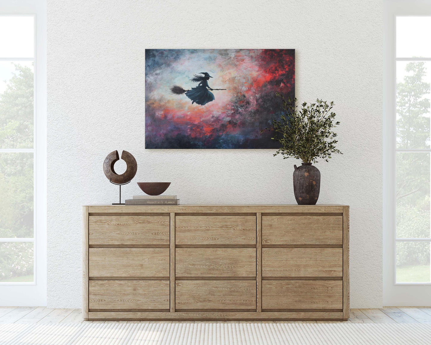 Flying Witch, Witch on Broomstick, Whimsical Decor, Full Moon, Halloween Art, Cloudy, Fall Art, Colorful