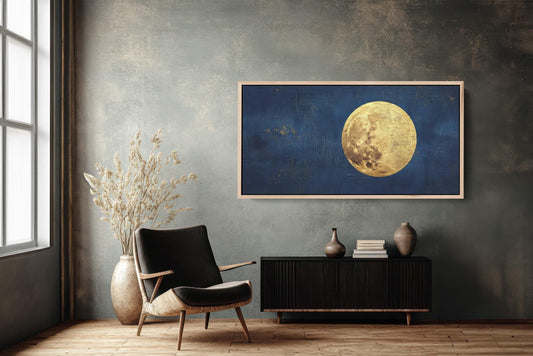 Indigo Gold Moon, Full moon art, Moon Landscape, Contemporary Art, Celestial Decor