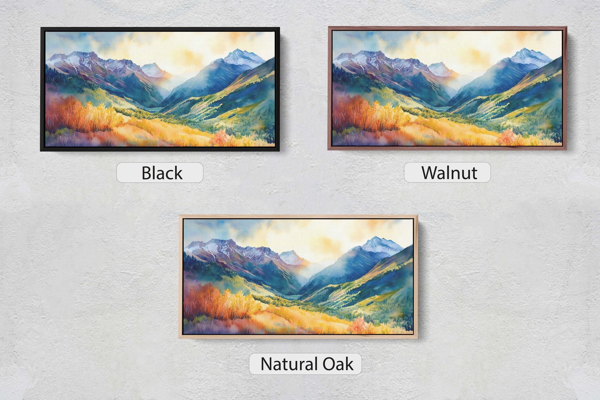 three paintings of mountains with the words black, walnut, walnut, and natural oak