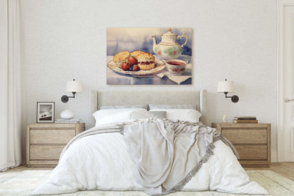 Tea and Scones, Watercolor, Food Painting, Kitchen Decor, Large Canvas, Ready to Hang, Dining Room, Canvas Print, Teapot, Baking