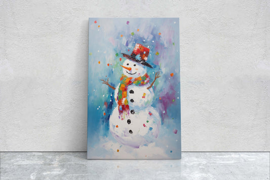 Colorful Snowman, Festive Winter Art, Holiday Decor, Christmas Print, Winter season, Framed Canvas, Snow man