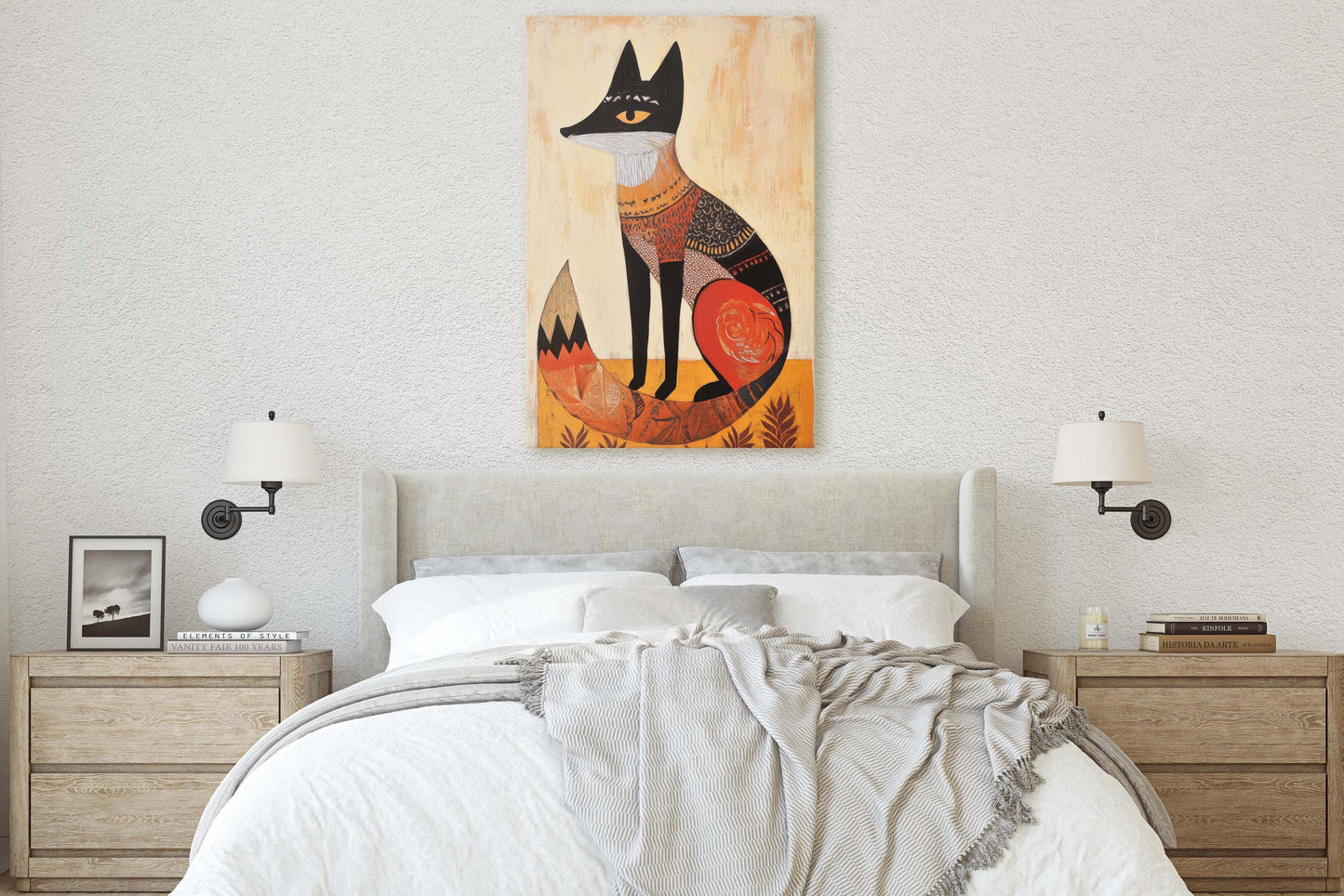 Scandinavian Fox, Folk Art, Celestial Art,  Framed Canvas, Nature Print, Whimsical, Egyptian, Abstract