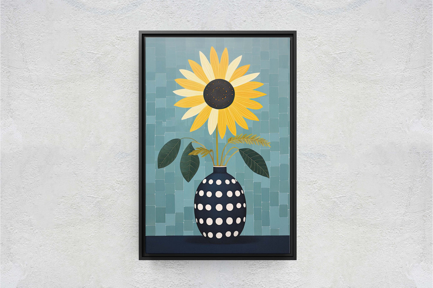 Sunflower Vase, Yellow and Blue, Indigo and Gold, Framed Canvas, Vertical Portrait, Large Art Print, Simple Bold, Contemporary Painting